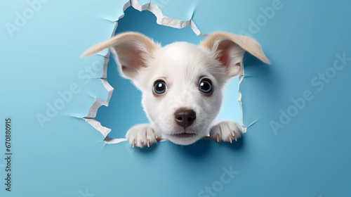 Cute Puppy peeking out of a hole in blue wall, torn hole, empty copy space frame, mockup © Business Pics
