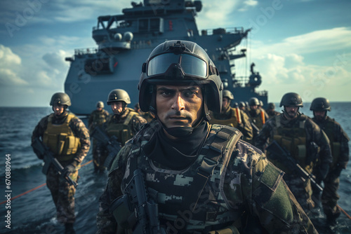 Indian navy seal on battle ship represents Indian Navy Day