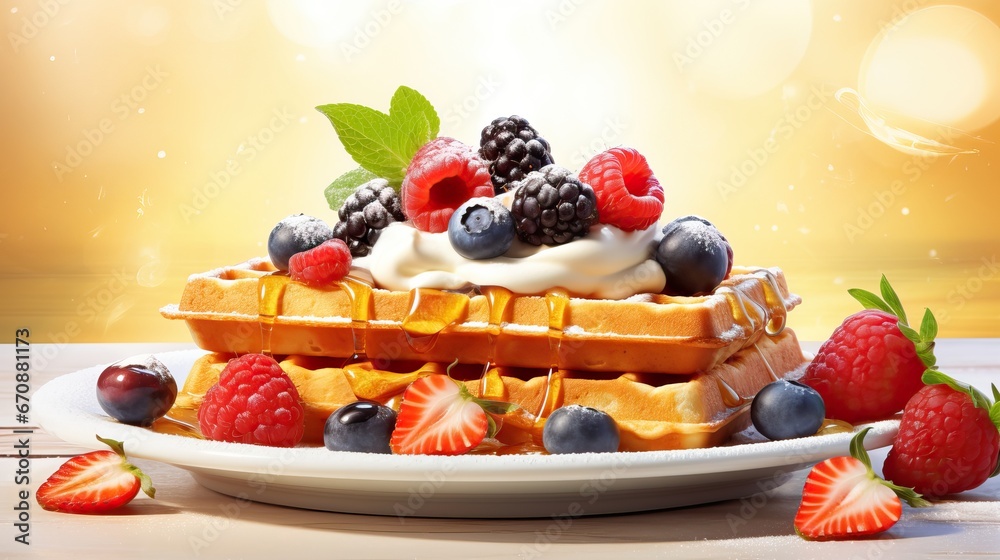 Viennese waffles, with berries, on a white table, breakfast