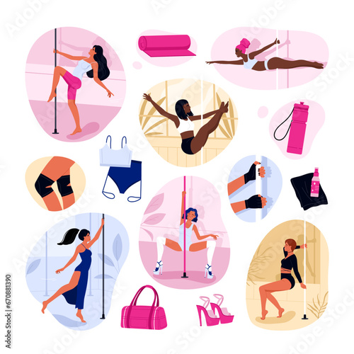 Set of pole dance elements. Pole dancers, accessories and outfits. Pole dancing, fitness and sport lifestyle collection. Vector illustration in cartoon style. Isolated white background