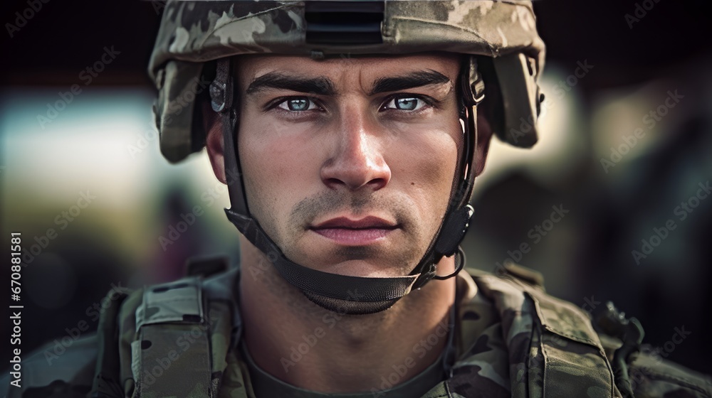 Close-up of serious soldier looking at camera while standing in field. Generative Ai. Close-up of serious soldier looking at camera while standing in field. Generative Ai.