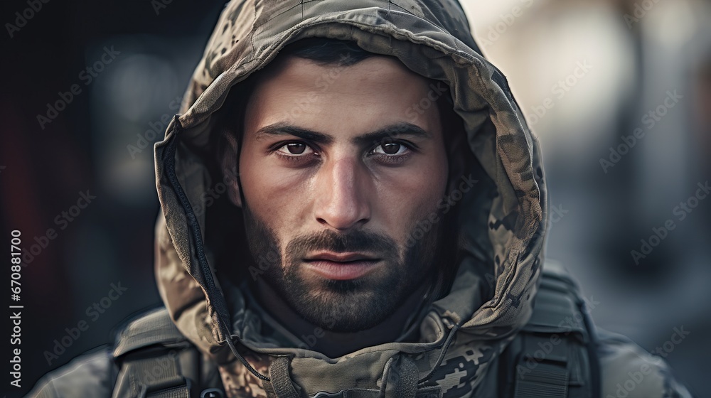Portrait of a man in a military jacket with a hood. Generative Ai. Portrait of a man in a military jacket with a hood. Generative Ai.