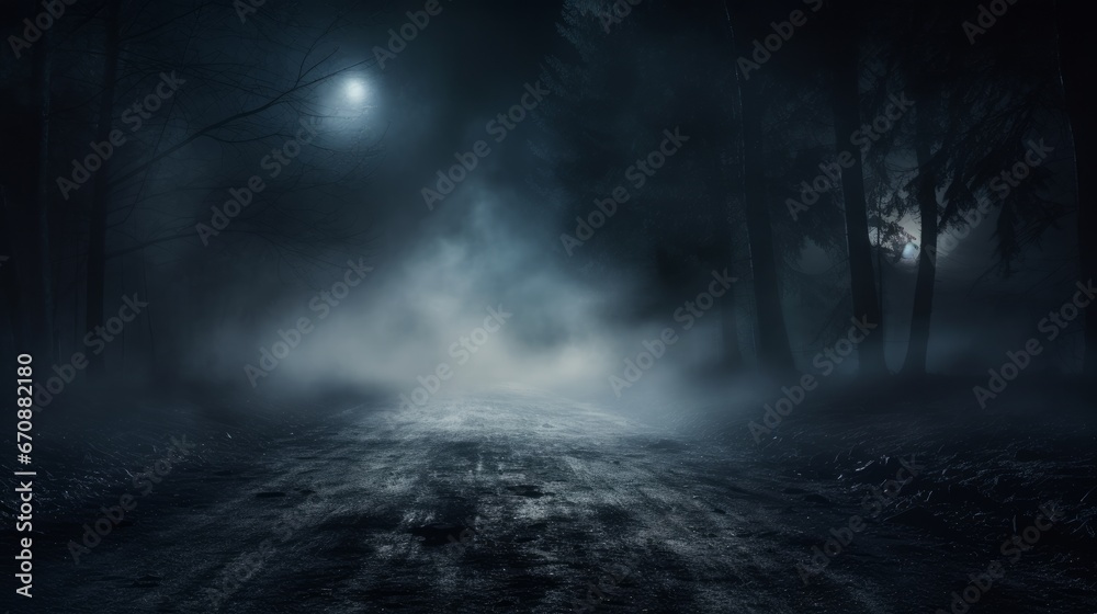 Misty forest in the moonlight on asphalt - Abstract Bokeh.