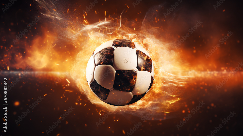 Fototapeta premium The soccer ball floated in the air and was surrounded by fire.