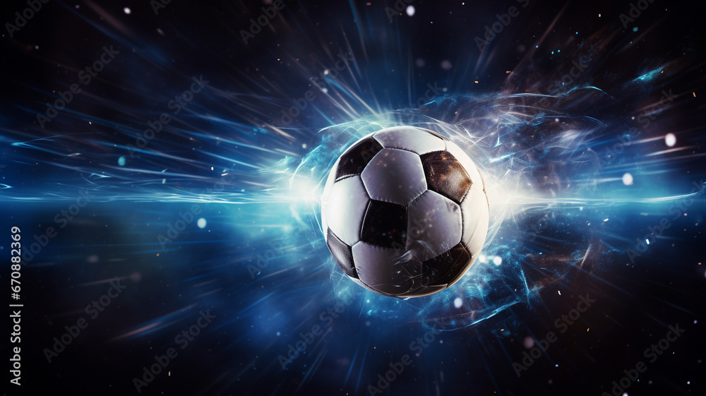 Fototapeta premium The soccer ball floated in the air and was surrounded by fire.