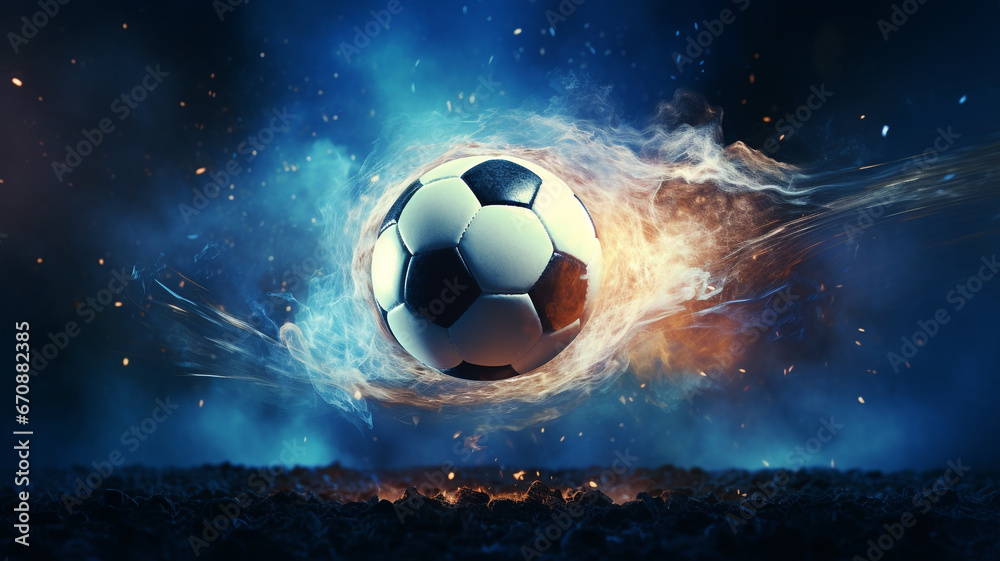 Naklejka premium The soccer ball floated in the air and was surrounded by fire.
