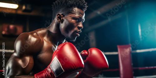 Black man in boxing gloves on a ring. Concept of sport training. Ai generative illustration
