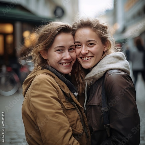 Close up of two happy young women hugging each other and smiling while standing outdoors. Generative Ai. 