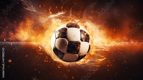 The soccer ball floated in the air and was surrounded by fire.