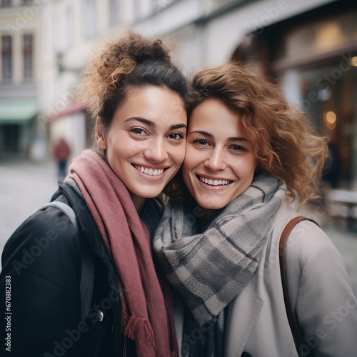 Close up of two happy young women hugging each other and smiling while standing outdoors. Generative Ai.  © zorandim75