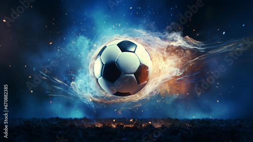 The soccer ball floated in the air and was surrounded by fire. © Yuwarin