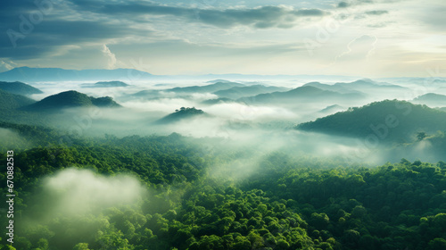 Rainforest or jungle aerial view. Top view of a green forest with mist  for earth day concept