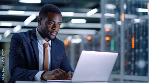 Portrait of African American System Administrator. Data Center Engineer with Laptop Computer. Server Room Specialist, Cyber Security Concept. Data Protection Network, Ai Generative © ImageFlow