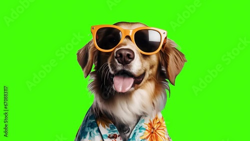 Funny dog wearing glasses and dressed for summer on green screen background photo