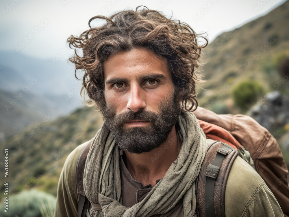 A portrait of handsome guy tourist in beautiful mountain tracking route. Man wear the sport active wear with backpack. Ai generative A portrait of handsome guy tourist in beautiful mountain tracking route. Man wear the sport active wear with backpack. Ai generative