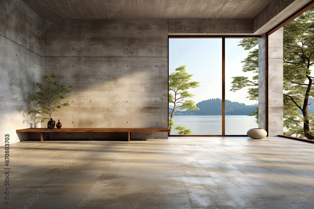 Fototapeta premium Interior of modern loft with concrete floor and panoramic windows