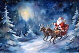 Christmas Santa Claus on a sleigh pulled by a reindeer background wallpaper