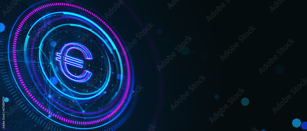 Creative glowing round polygonal button with euro sign on dark background with mock up place. Online banking and money concept. 3D Rendering. Creative glowing round polygonal button with euro sign on dark background with mock up place. Online banking and money concept. 3D Rendering.