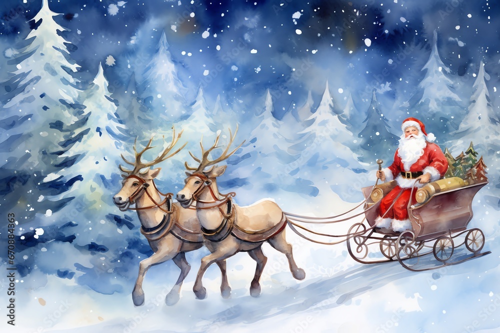 Christmas Santa Claus on a sleigh pulled by a reindeer background wallpaper Christmas Santa Claus on a sleigh pulled by a reindeer background wallpaper