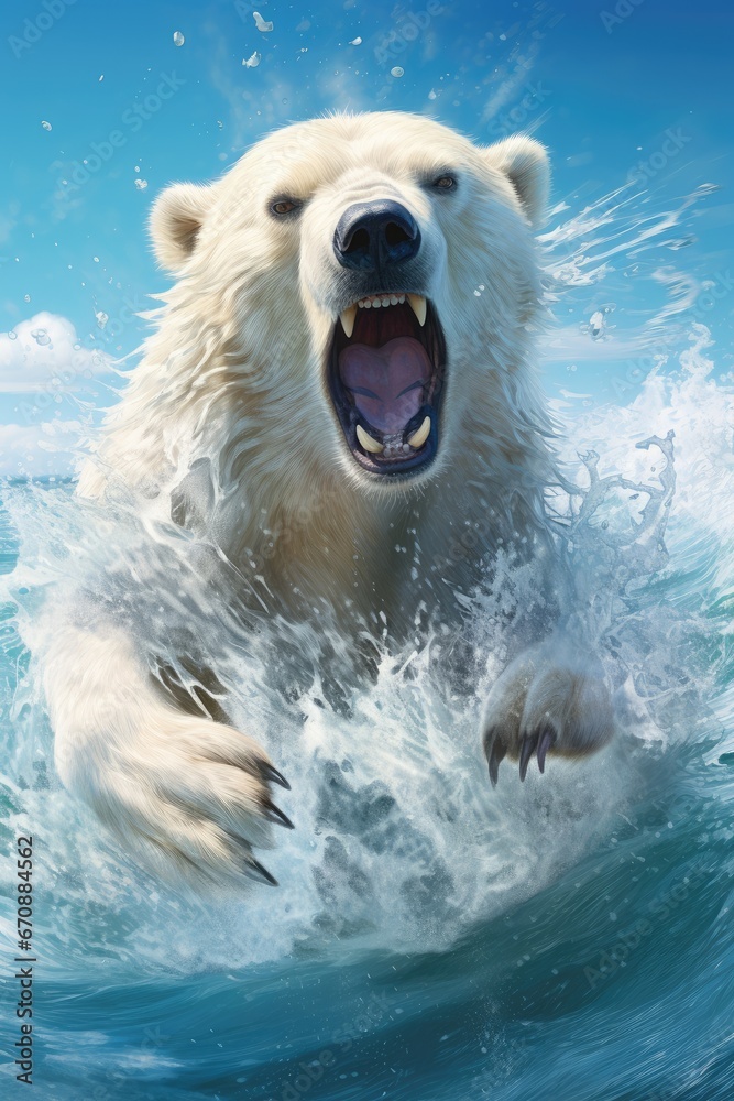 a polar bear out of the water with water splashing everywhere