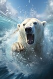 a polar bear out of the water with water splashing everywhere