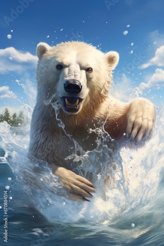 a polar bear out of the water with water splashing everywhere © Andrus Ciprian