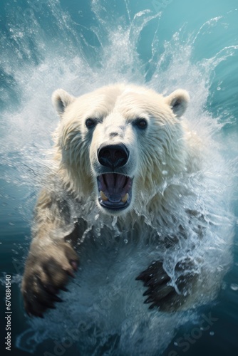 a polar bear out of the water with water splashing everywhere
