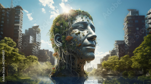 Head sculpture covered in plants. Sustainability, green energy and eco friendly concept © Malambo/Peopleimages - AI