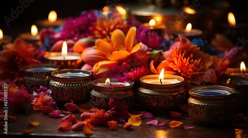 Beautiful spa composition with flowers and candles on wooden table  closeup