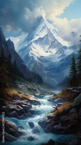 A detailed view of natural landscapes  capturing the grandeur of majestic mountains.