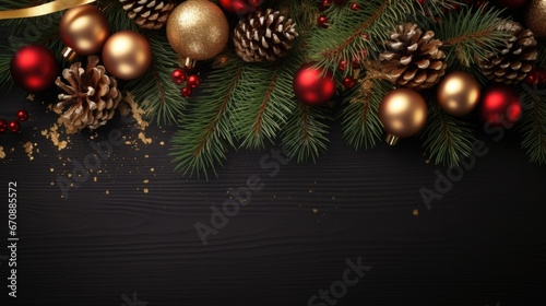 Greeting card for christmas with branches and decorations background.