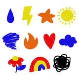A set of random abstract icons on a white background. Rainbow, heart, sun, drop, fire, lightning, flower, star, tornado. Vector elements. For a children's set of items painted with a marker