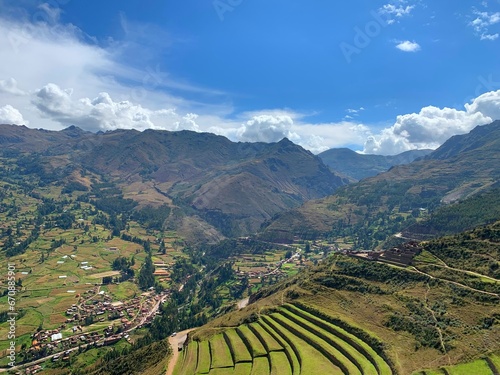 Peru Urubamba Sacred valley Incas terraced fields beautiful landscape. photo