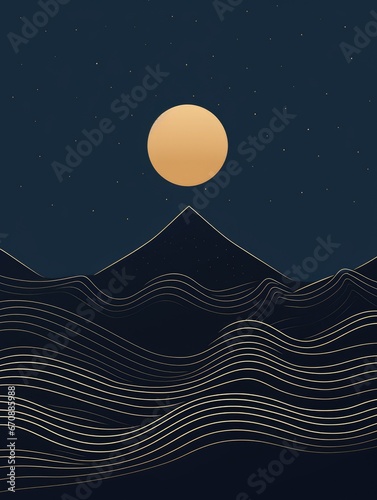 bichromatic, representational minimalism, moon icon rising behind mountain 