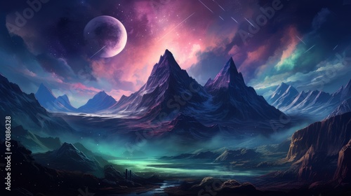 illustration of a sci-fi landscape with a dark, ominous-looking mountain in the background