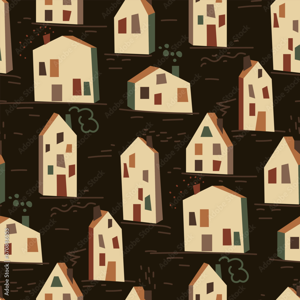 Seamless pattern with light houses smoke is coming out of the pipe. It can be used for fabric, wrapping paper, scrapbooking, textiles, posters, banners and other decoration. Houses on dark background