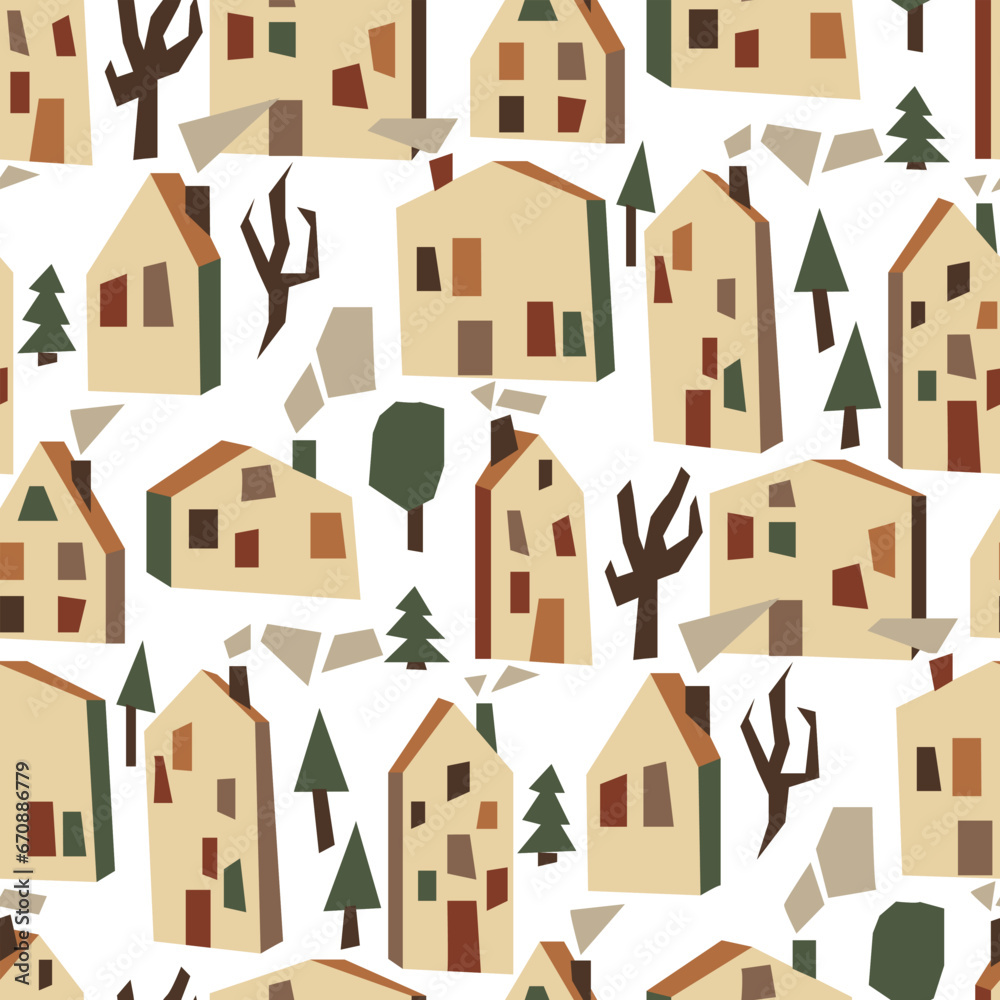 Seamless pattern with geometric light houses, smoke, trees, Christmas trees. It can be used for fabric, wrapping paper, scrapbooking, textiles, posters, banners and other decoration. Houses on white