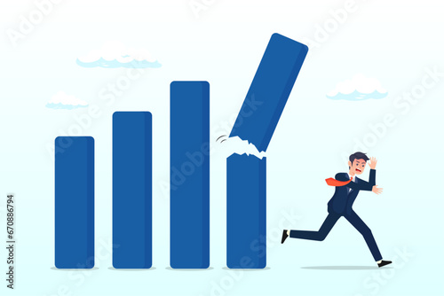 Fear businessman investor run away from collapsing graph, economic recession from high inflation, stock market crash, crisis or depression, investment risk or price drop causing money loss (Vector)