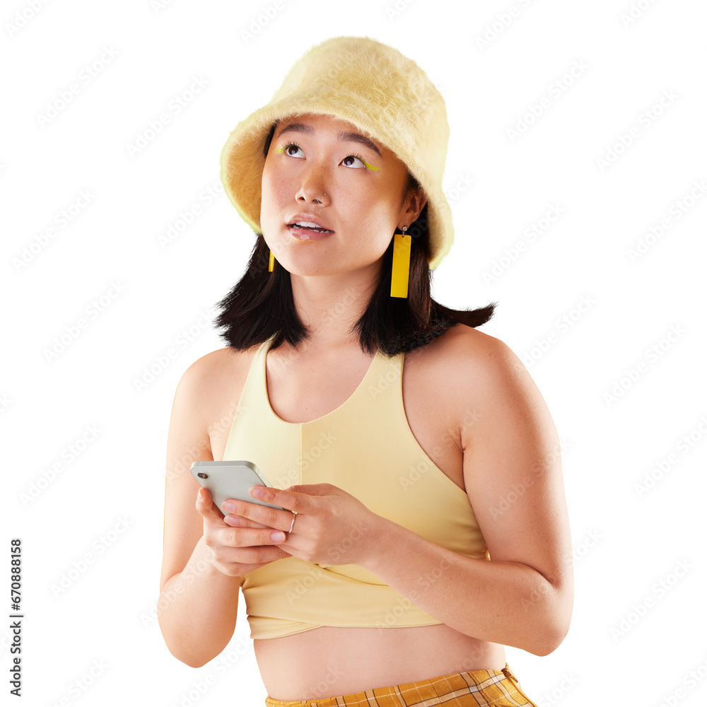 Phone, thinking and woman with fashion ideas or communication isolated on transparent png background. Social media. clothes inspiration or asian person decision on mobile chat, blog or networking Phone, thinking and woman with fashion ideas or communication isolated on transparent png background. Social media. clothes inspiration or asian person decision on mobile chat, blog or networking
