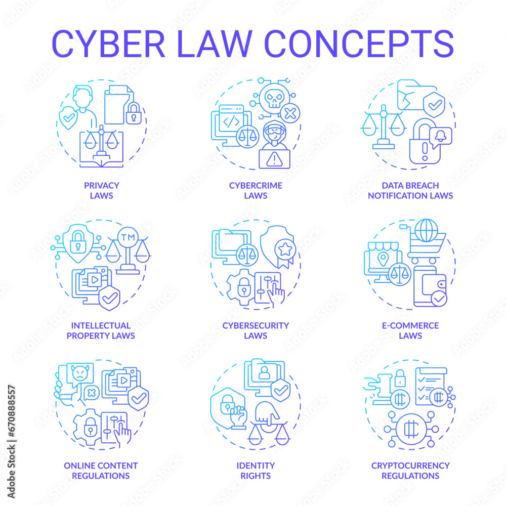 Collection of 2D gradient thin line icons representing cyber law, isolated vector, linear illustration.