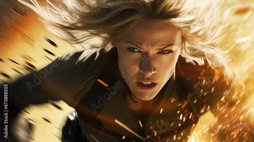 action movie closeup of blond female, high speed, explosions photo