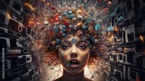 Overwhelming information data explode out of head of young human brain, too much media, too much information, maximalism, news, social media addiction photo