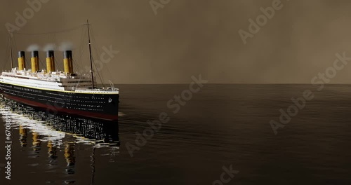 Steamboat ocean liner general view in evening with smoking chimneys 3D render animation in 4K HDR