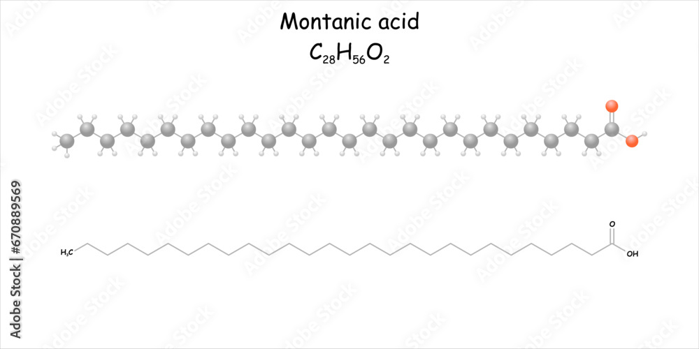 Montanic acid. Stylized molecule model and structural formula. Occurs in e.g., in beeswax or Chinese wax. Montanic acid. Stylized molecule model and structural formula. Occurs in e.g., in beeswax or Chinese wax.