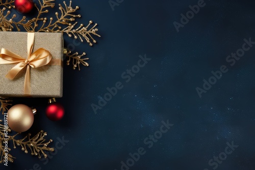 Gift box with a fir branch  golden and red balls  berries  on a blue background  Christmas card  copy space