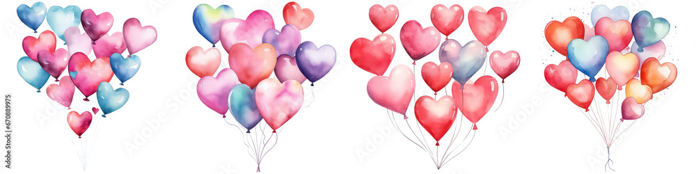 Beautiful balloons in the shape of a heart, watercolor illustration on white background, concept valentine's day