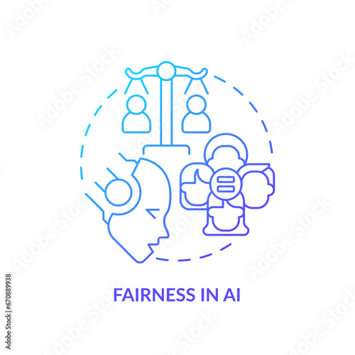 2D gradient fairness in AI icon, simple isolated vector, cyber law thin line illustration.