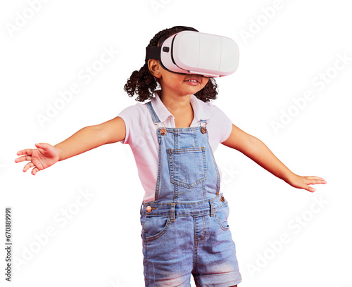 Gaming, virtual reality and metaverse with girl and glasses for digital transformation, video games and innovation. Happy, playing and a child with vr headset isolated on a transparent png background