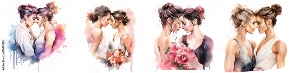 Greatness Lesbian Brides, watercolor illustration on white background, concept valentine's day