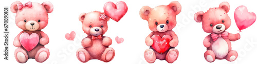 Bear with a heart, watercolor illustration on white background, concept valentine's day